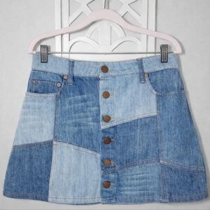 Alice + Olivia Good High Rise Patchwork Denim Happy Go Lucky Button Front Mini